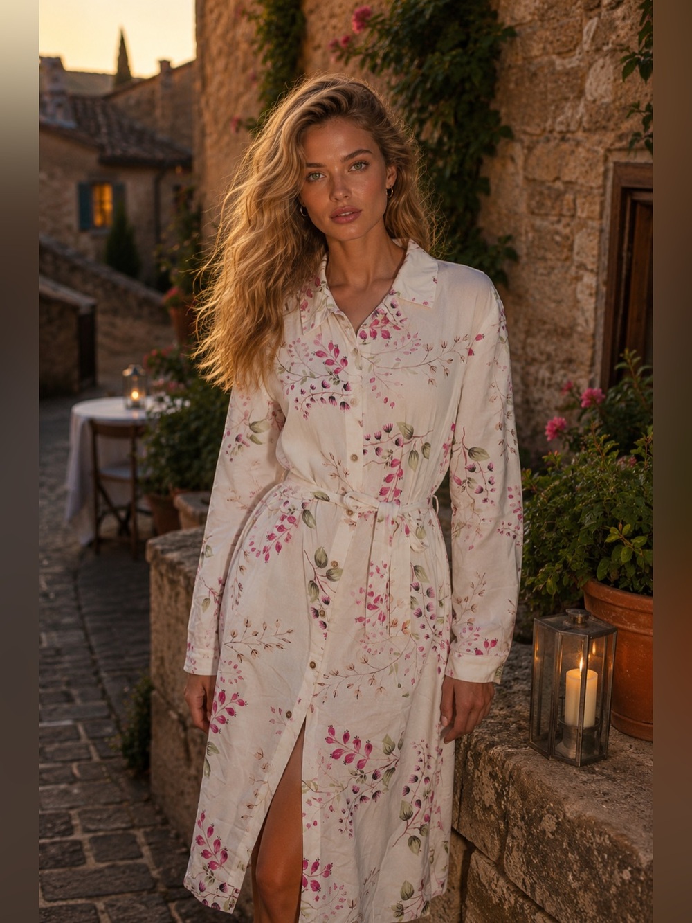 ⚪️⚪️Floral Button-Front Belted Robe in Cream with Pink Floral Print